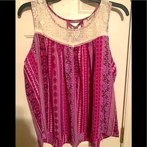 Plus Size Lace Yoke Tank Lace-Up Back Woven Top